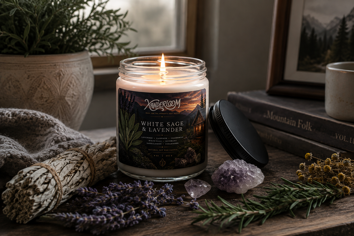 A lit white sage and lavender scented candle in a clear glass jar sits on a rustic wooden table surrounded by dried lavender, a amethyst crystal, a bundle of white sage, a knit blanket, books, and a potted plant in a cozy indoor setting.